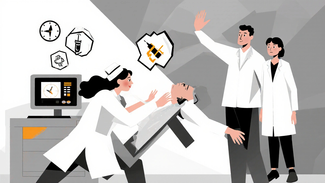 Nurse rushing with PCA pump as pharmacist intervenes in chaotic ER scene.