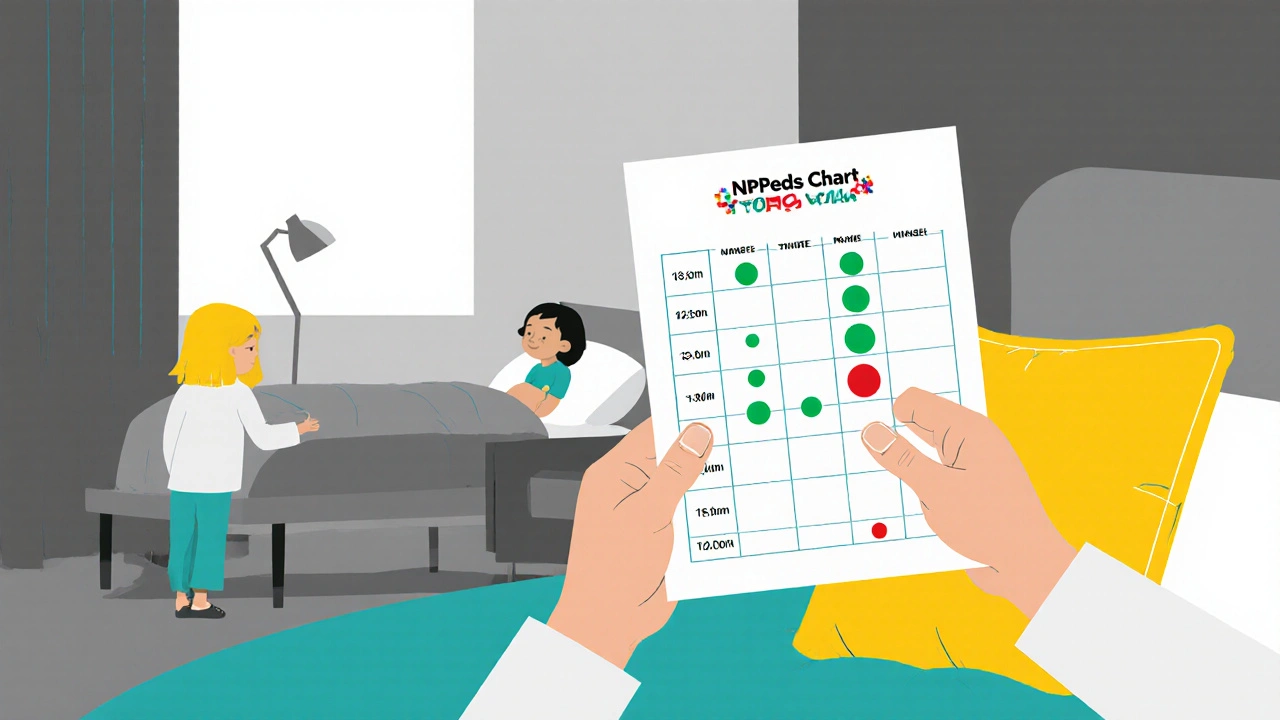 Parent holding printed dosing chart with color-coded medication markers beside a child’s bed.