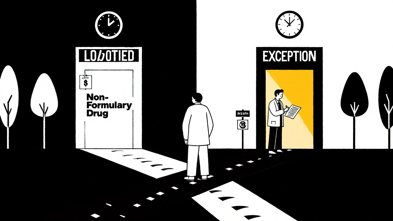 Patient at crossroads between denied drug and formulary exception under Bauhaus design.