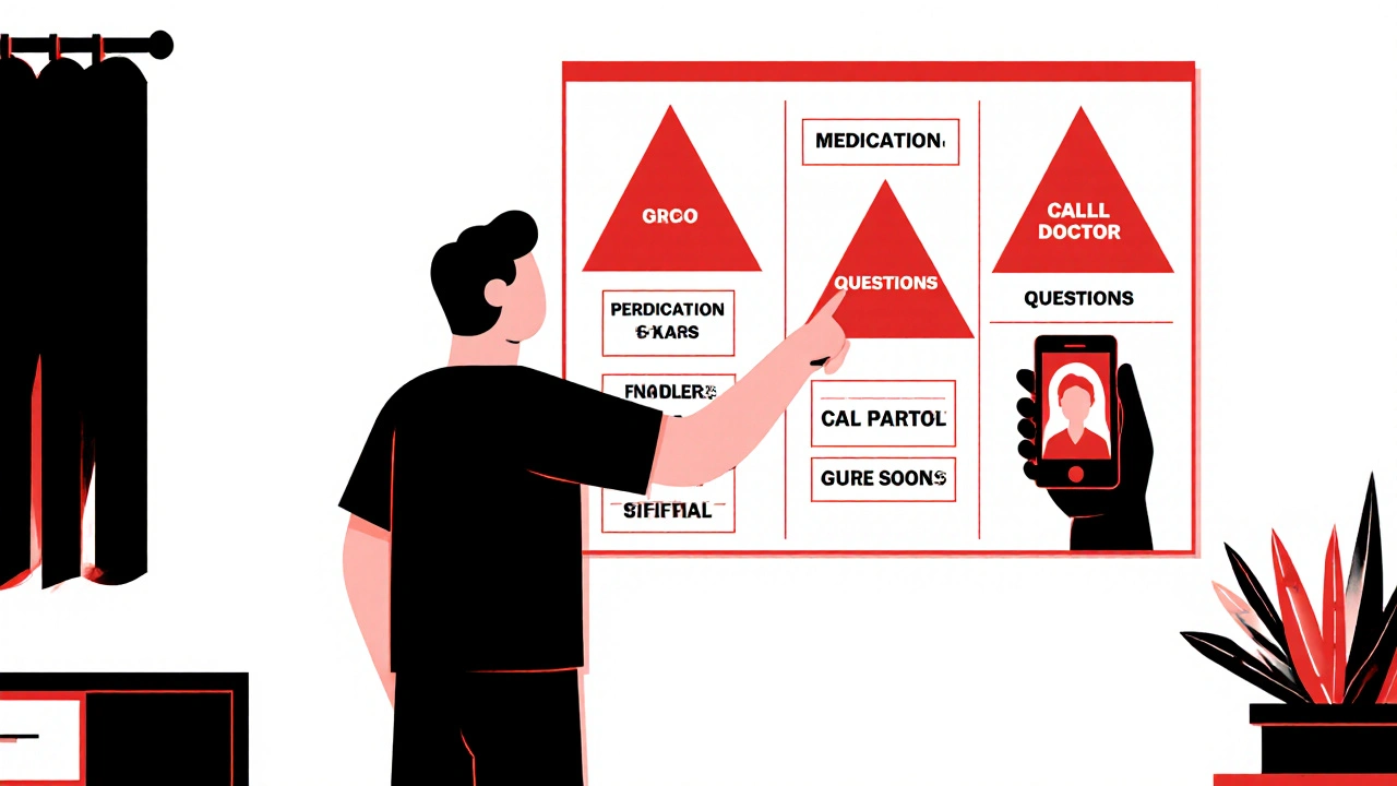 Patient standing before a wall chart of medications and side effects, pointing to a warning sign.