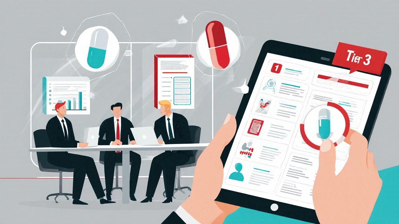 Patient viewing digital formulary with tiered pill icons and abstract committee figures.
