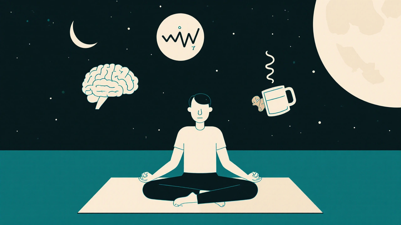 Person meditating at night with abstract brain zaps and sleep symbols