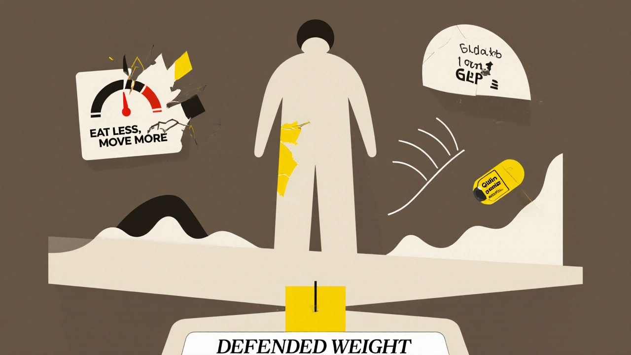 Person on scale labeled &#039;Defended Weight&#039; surrounded by broken diet signs and hormonal symbols in Bauhaus abstraction.