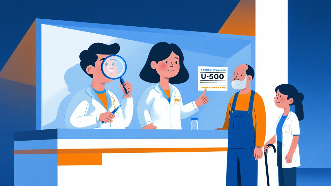 Pharmacists verifying insulin prescription with clear labels and patient watching safely