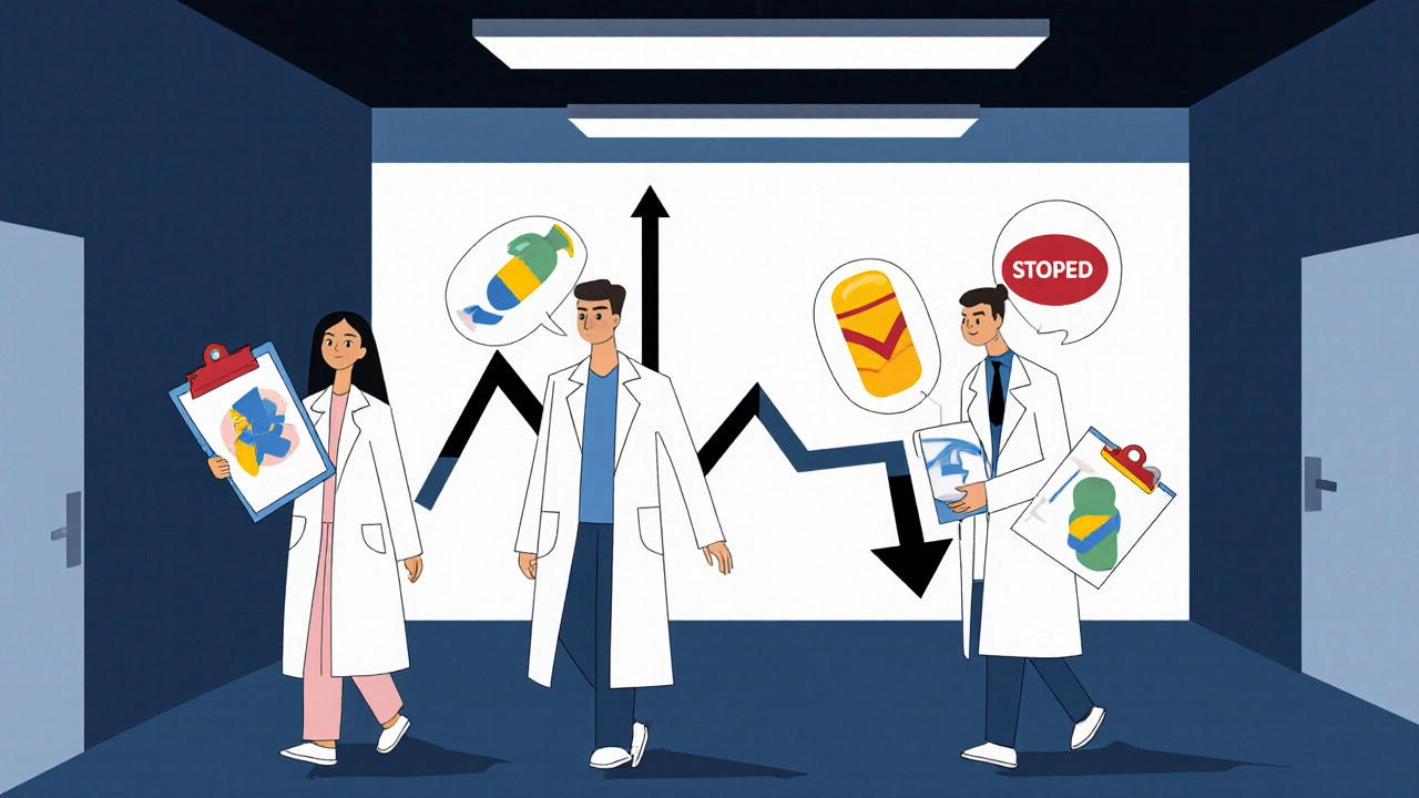 Pharmacists walk past a descending graph of hospital readmissions, symbolizing reduced errors in a stylized Bauhaus environment.
