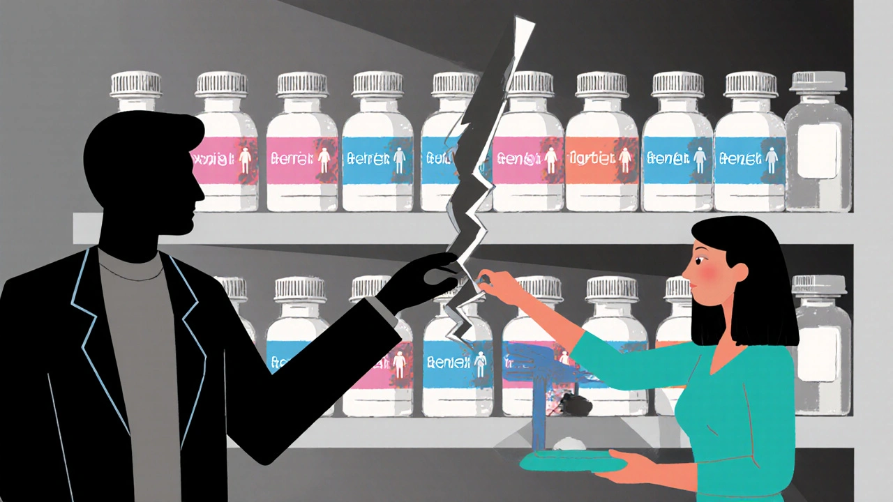 Pharmacy shelf with mostly generic pills and only 15 labeled for sex-specific dosing, highlighting systemic imbalance.