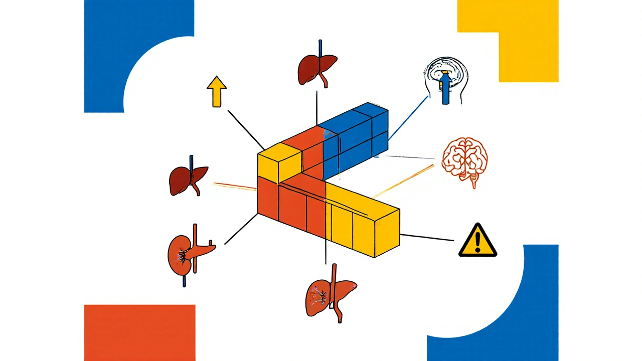 Pill organizer connected to organ symbols showing risks of multiple medications.