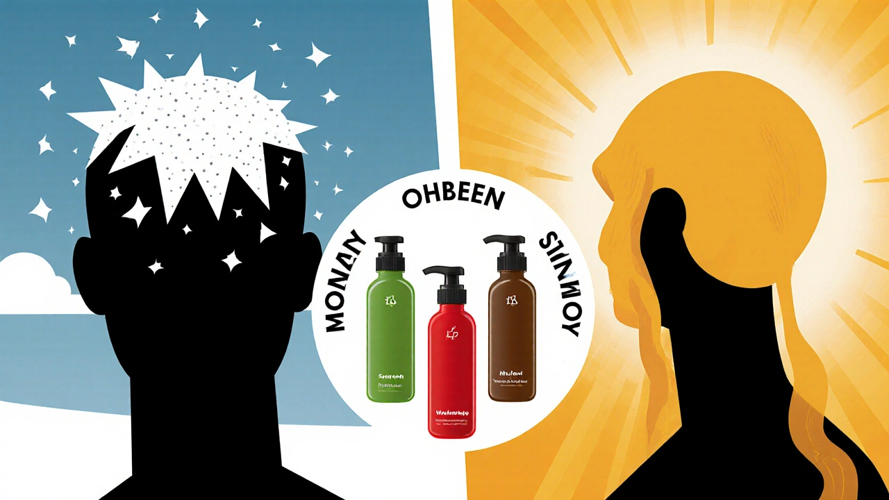 Seasonal scalp transformation with rotating shampoo bottles in a circular Bauhaus pattern.