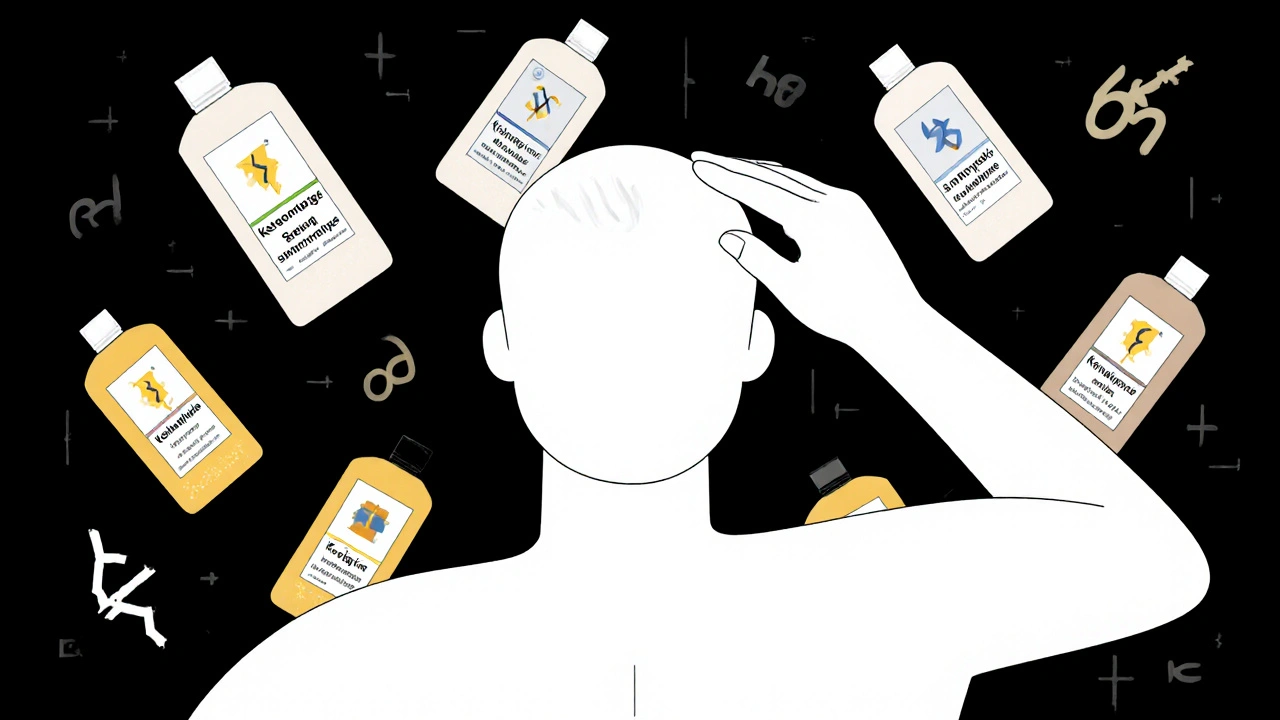 Six stylized medicated shampoo bottles arranged around a hand applying treatment in Bauhaus design.