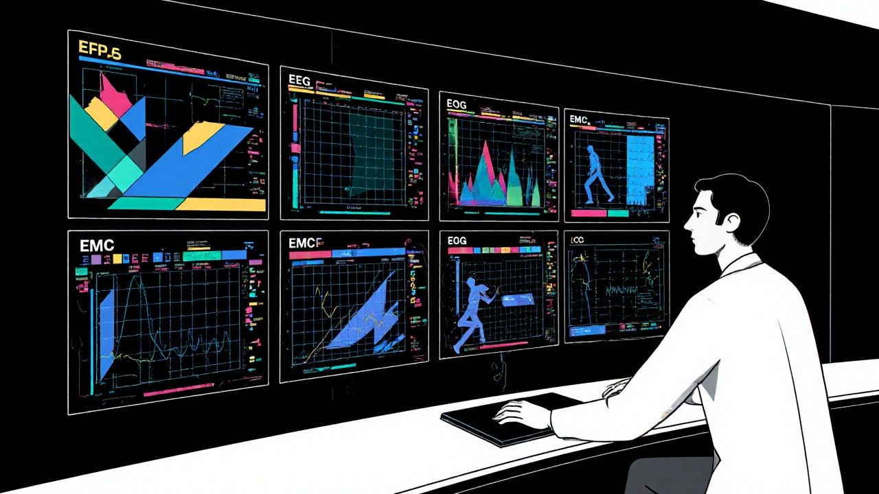 Sleep technologist watching seven geometric data panels representing sleep metrics.
