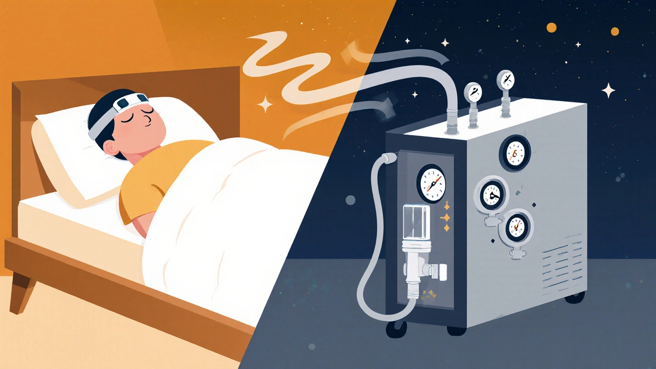 Split illustration: sleeping patient transitioning to CPAP machine with geometric air flow.