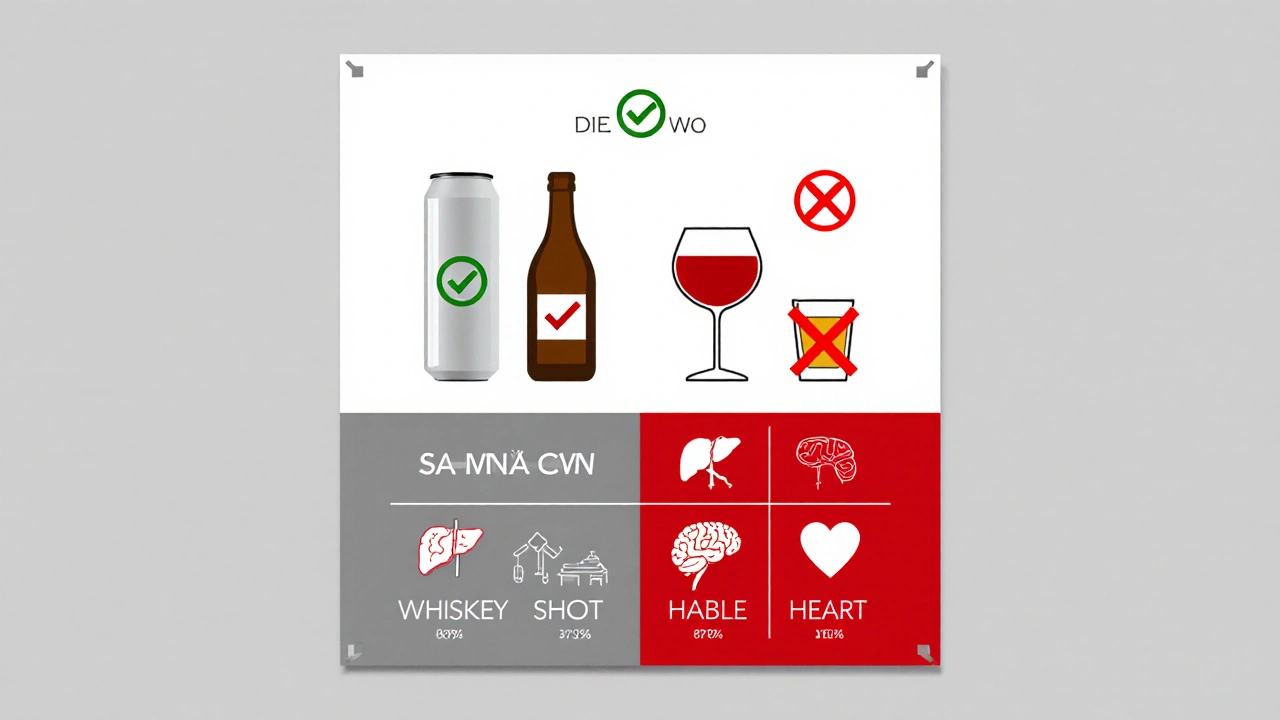 Split poster: drinks with checkmarks vs. red Xs, liver and brain icons in distress, clean Bauhaus typography.