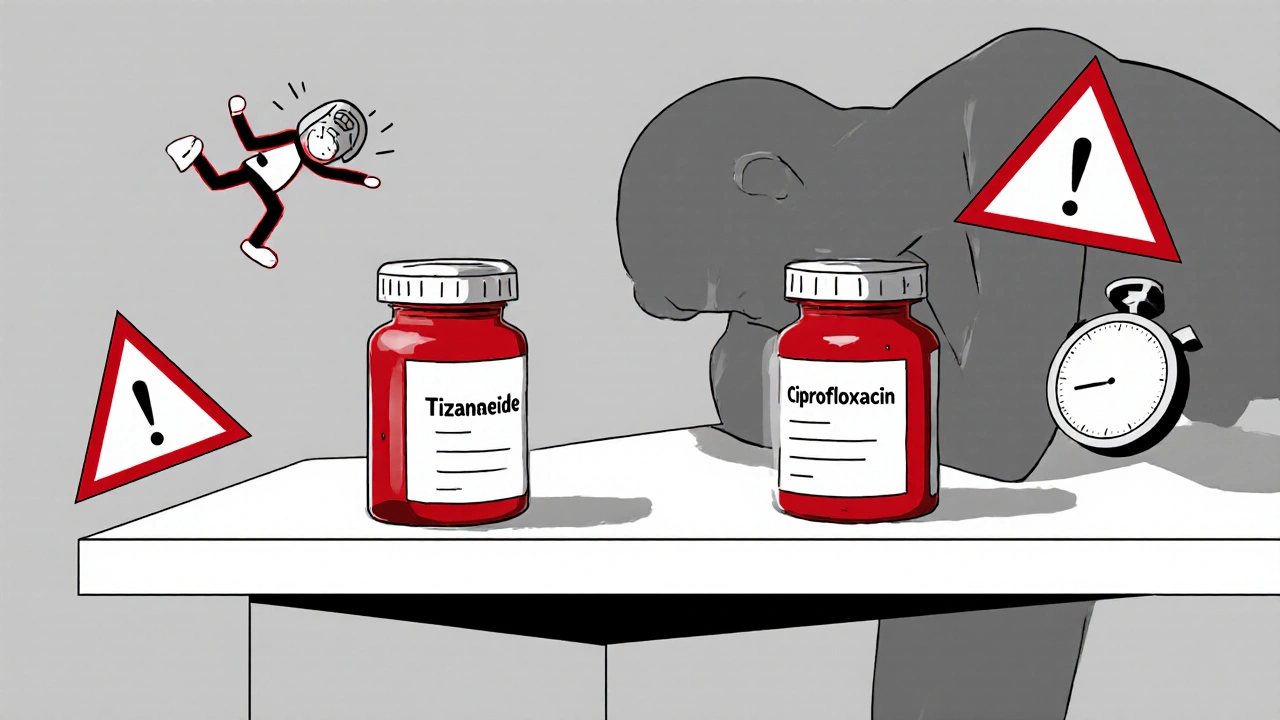 Two prescription bottles on a counter with warning symbols floating around them in abstract geometric forms.