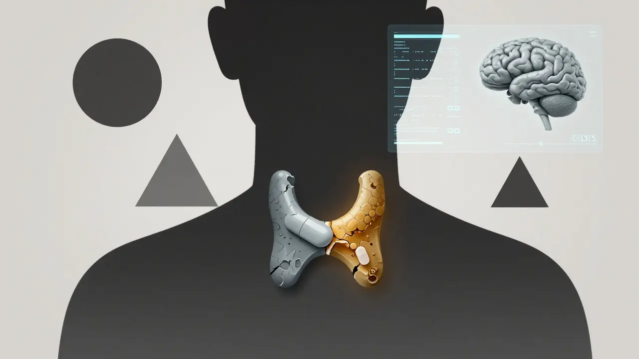 A fractured thyroid replaced by medication and radioactive particles, analyzed by an AI brain, rendered in Bauhaus geometric forms.