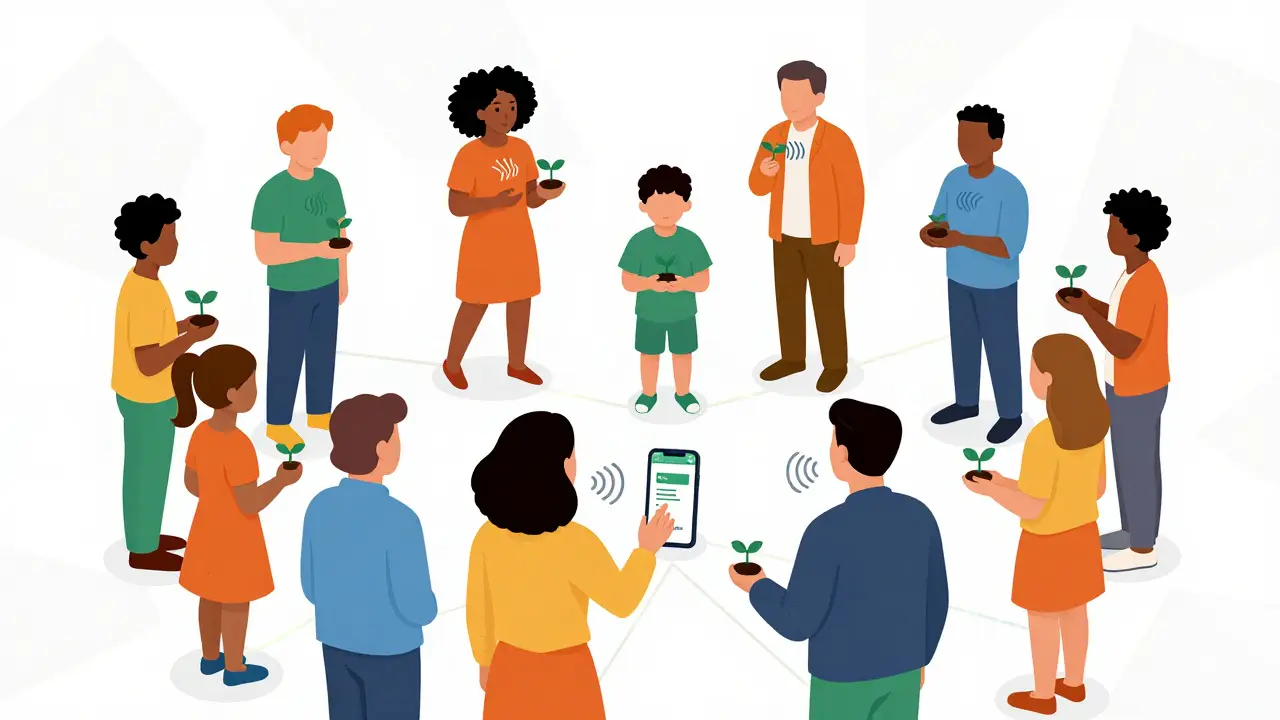 A group of new parents connected by glowing lines, one using a mental health app, with breath patterns rising as symbols of calm and support.