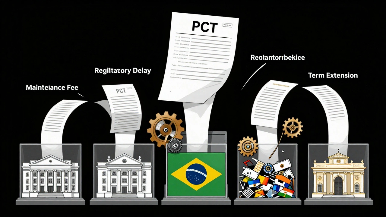 A patent application entering a multi-chambered machine that splits into national offices, each with different gears labeled for delays and extensions.