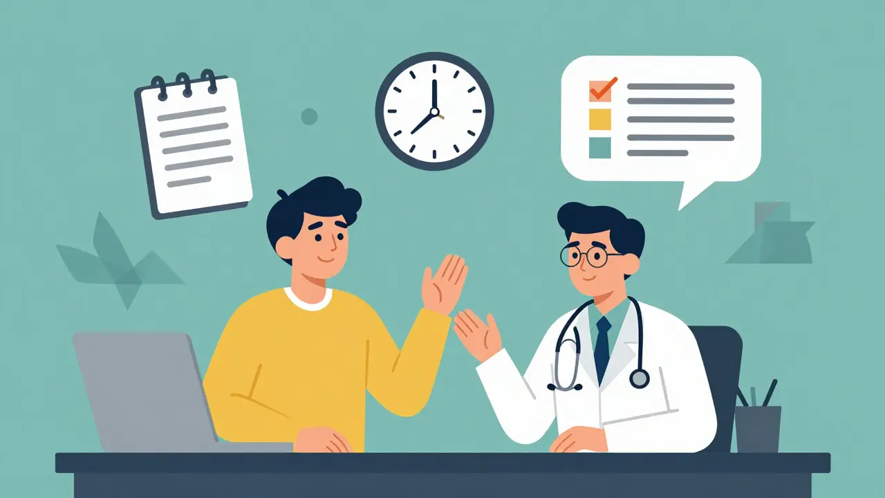 A patient and doctor conversing in a minimalist room, with floating icons representing symptom tracking and communication.