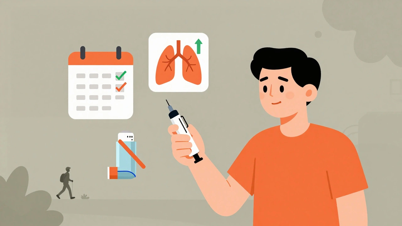 A patient uses an auto-injector with icons showing improved lung function and reduced steroid use.