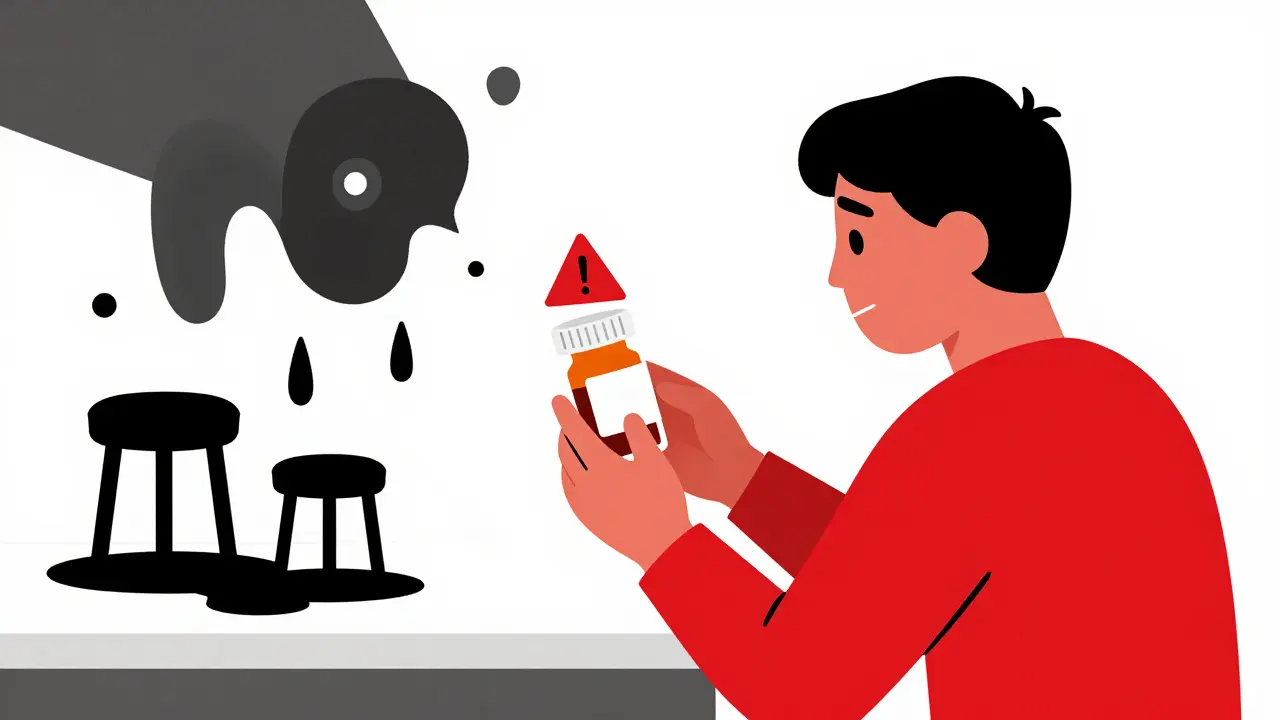 A person holding a pill bottle with abstract warning symbols of internal bleeding in the background, rendered in stark Bauhaus design.