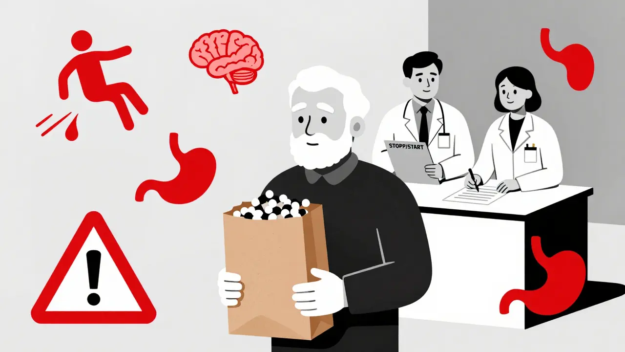 A senior holding a brown bag of pills with floating warning symbols of falls, confusion, and bleeding.