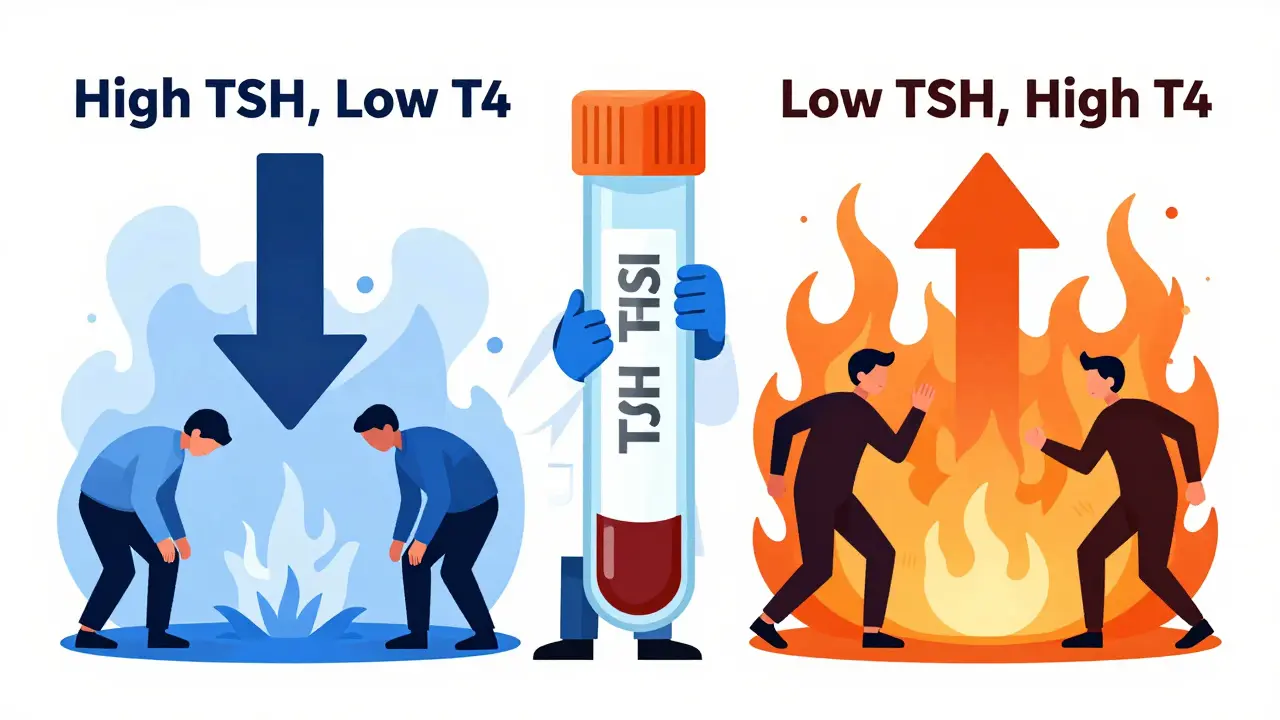 A TSH blood test with opposing arrows representing high and low thyroid hormone levels, illustrated in Bauhaus abstract style.