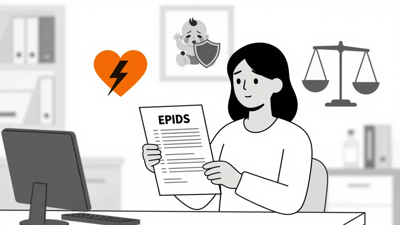 A woman holds a postpartum screening form while abstract icons represent anxiety and depression in a minimalist clinical setting.