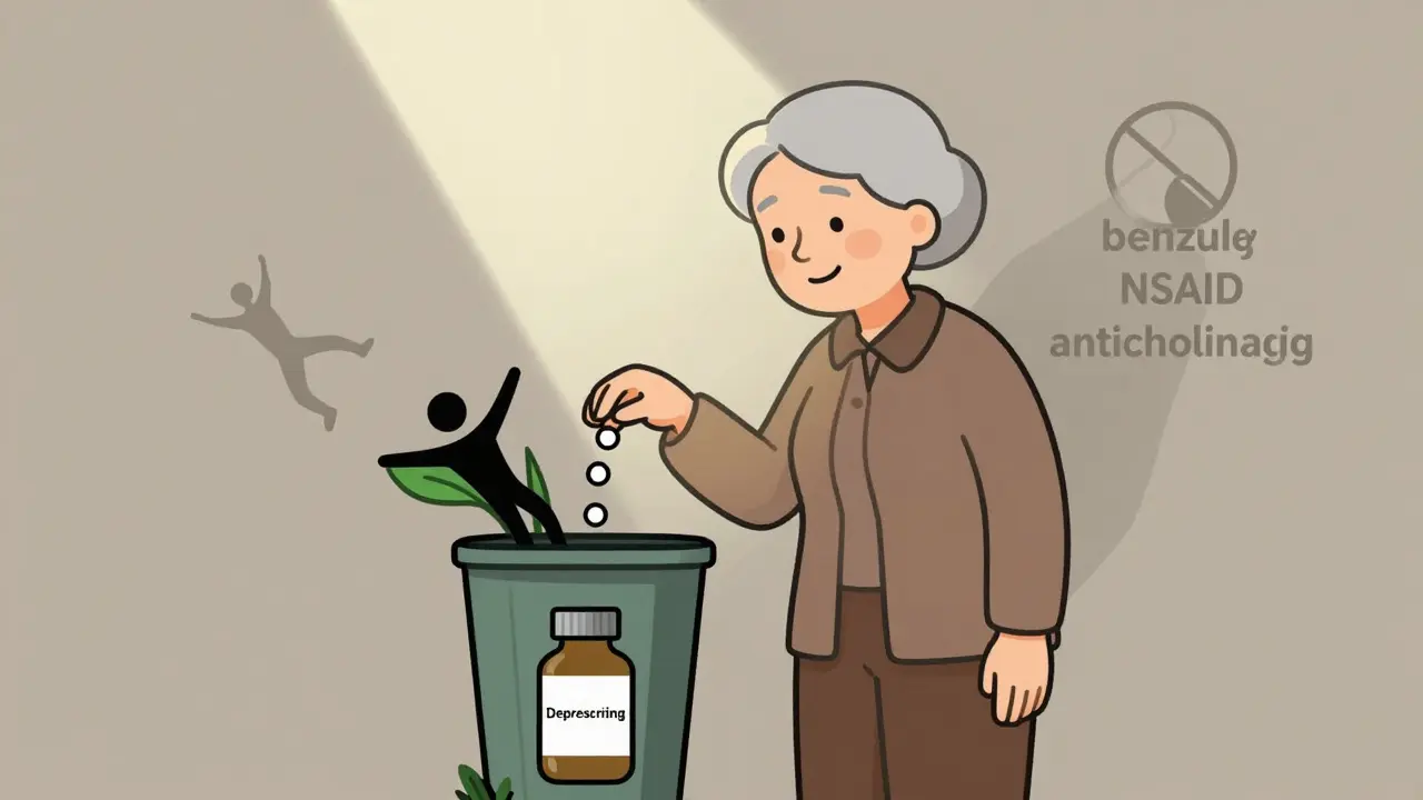 An elderly woman smiling as she discards pills into a trash bin shaped like a falling figure, with deprescribing light shining on her.