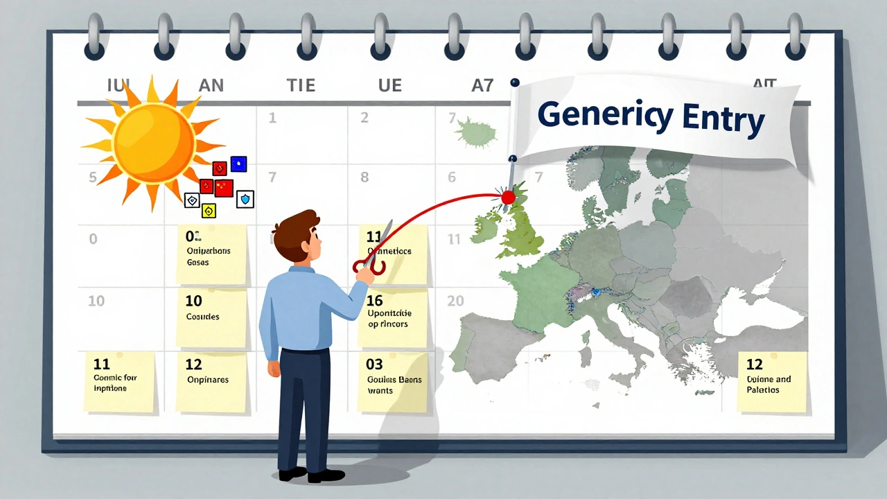 An executive facing a wall calendar of international patent expirations, with a generic entry figure cutting a thread to India while utility models cluster in Europe and Asia.