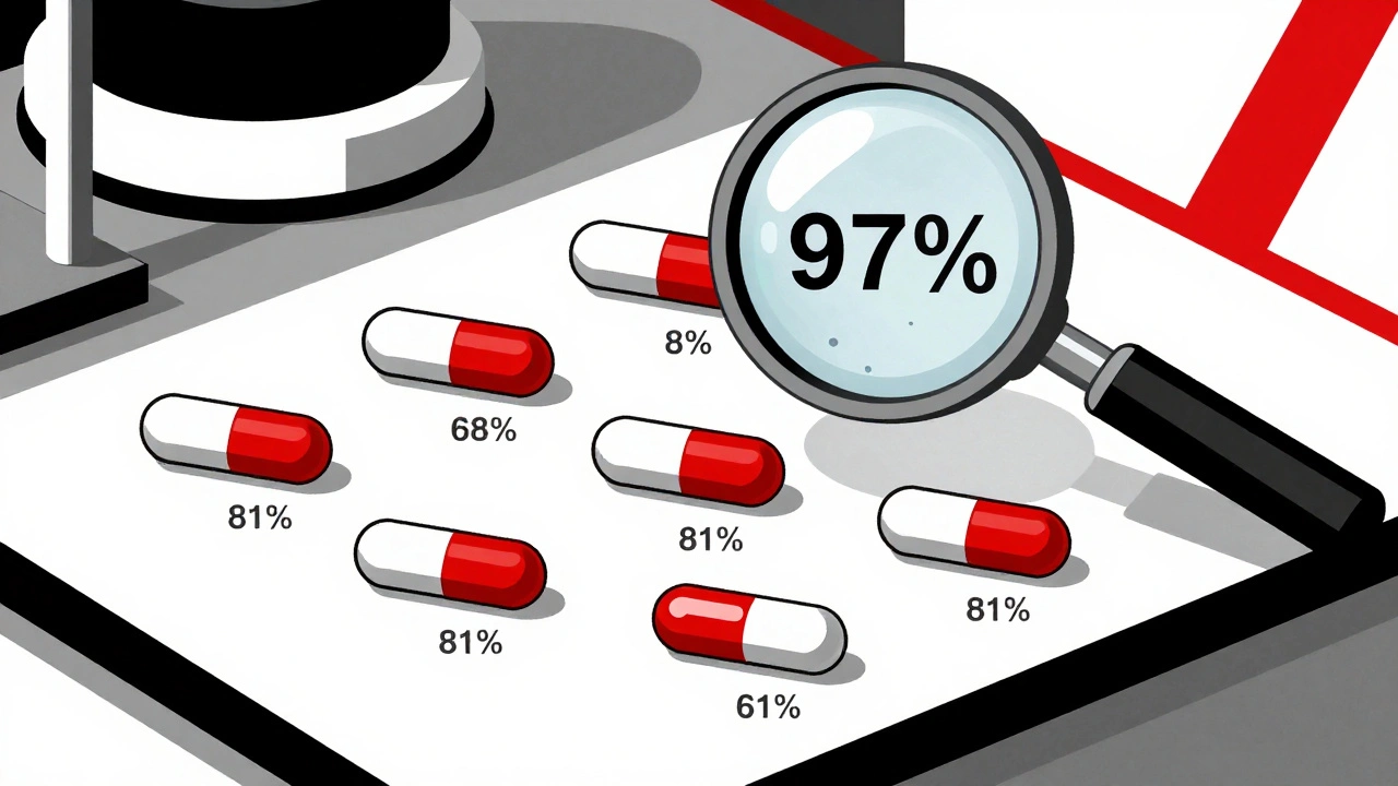 Chemotherapy pills on a lab bench with varying potency percentages, one under magnification.