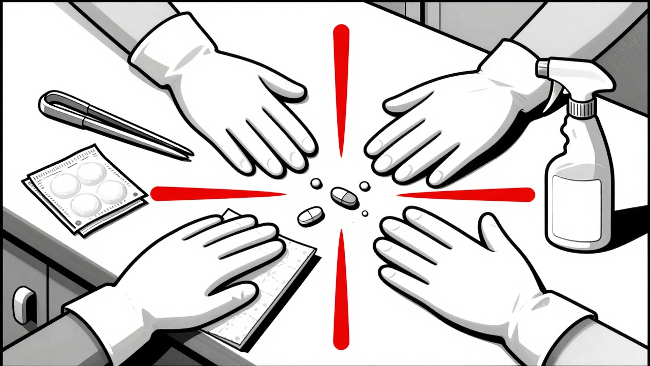 Chemotherapy spill being cleaned with gloves, pads, and forceps on a counter, geometric style.