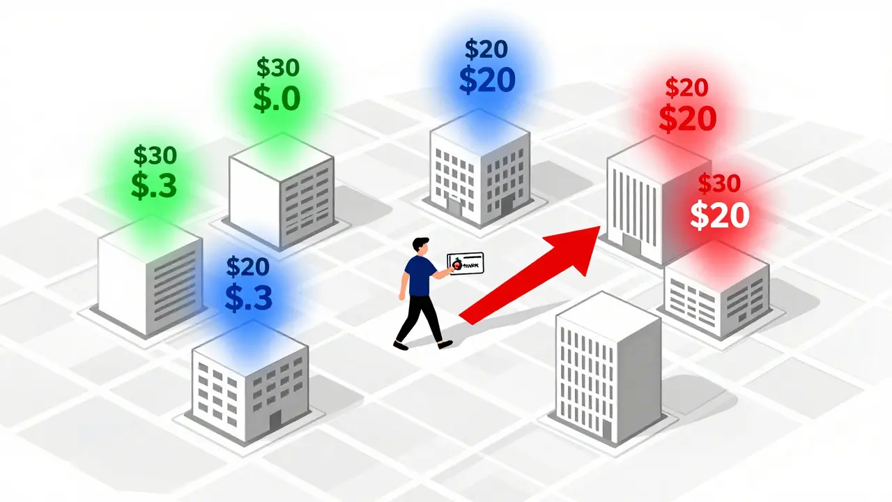 City map showing pharmacies with colored price pulses, person holding discount card.
