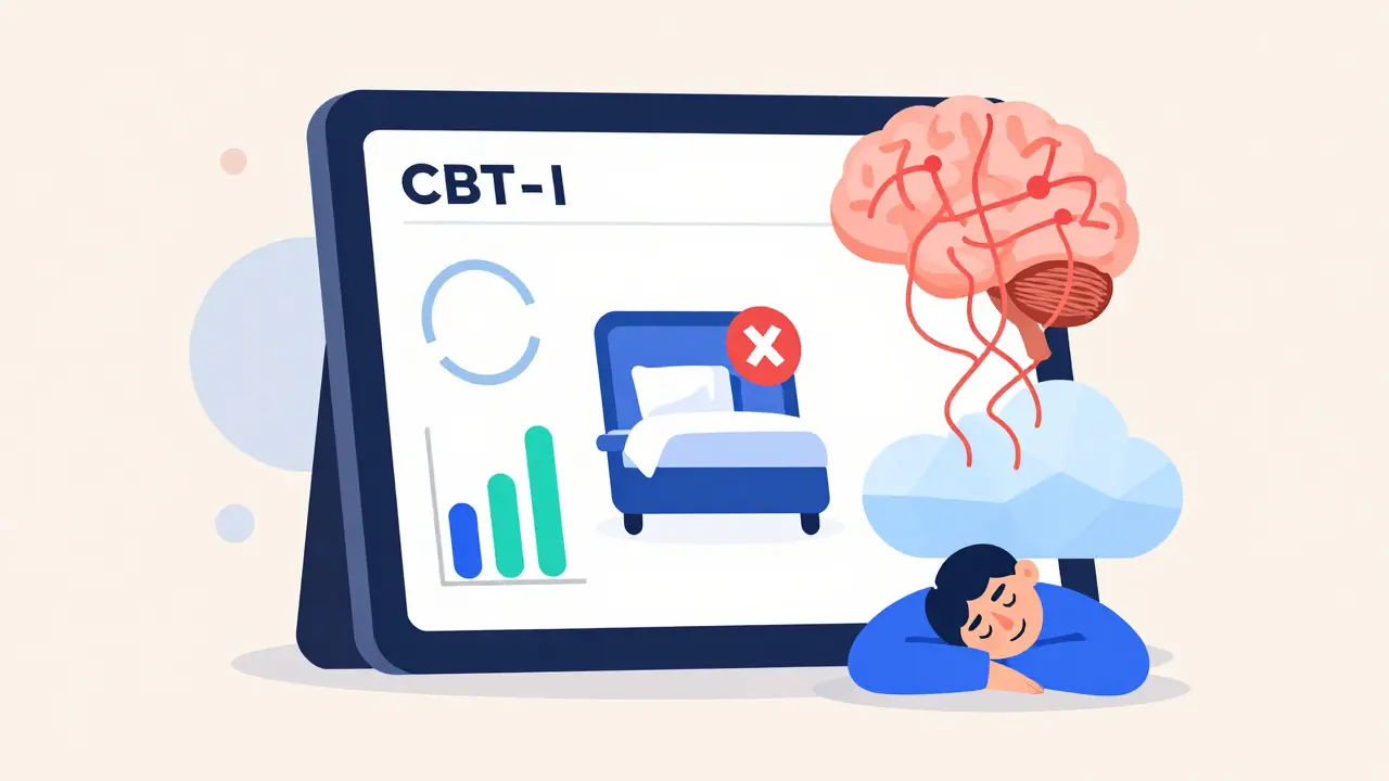 Digital CBT-I app interface with geometric shapes representing sleep techniques, in bold Bauhaus colors and clean lines.