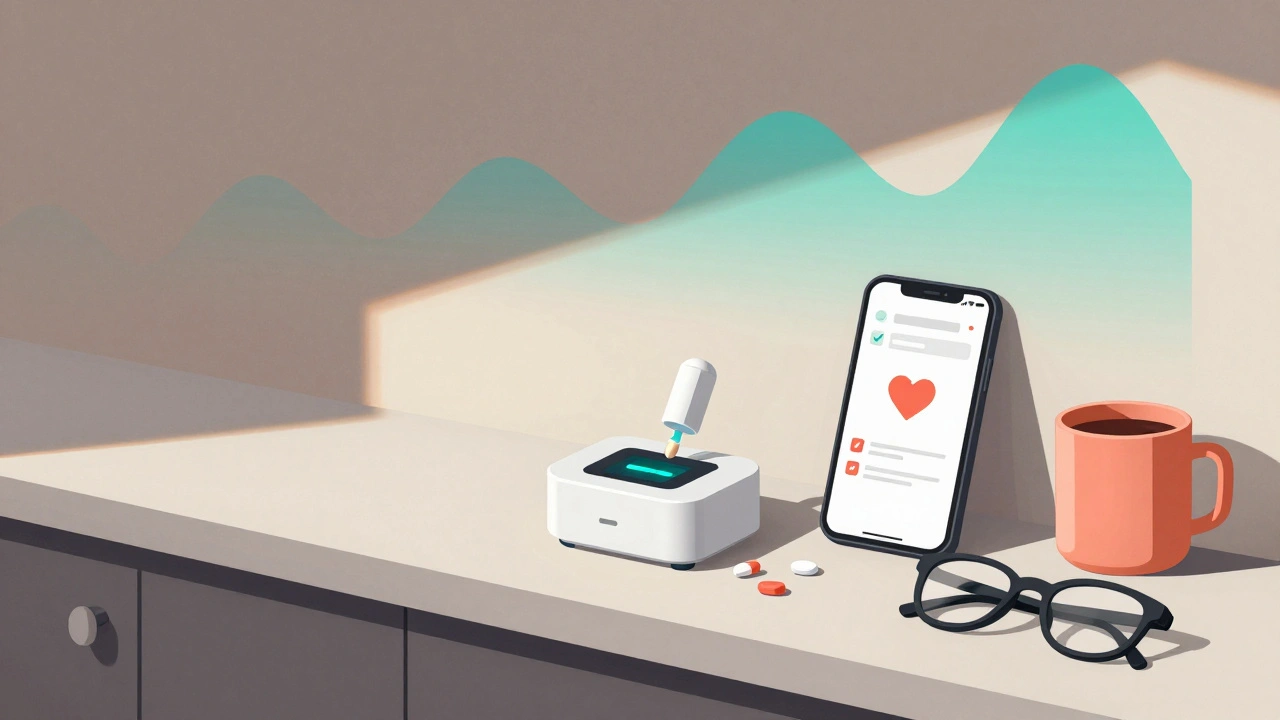 Digital pill dispenser activating at sunrise beside a smartphone showing adherence app
