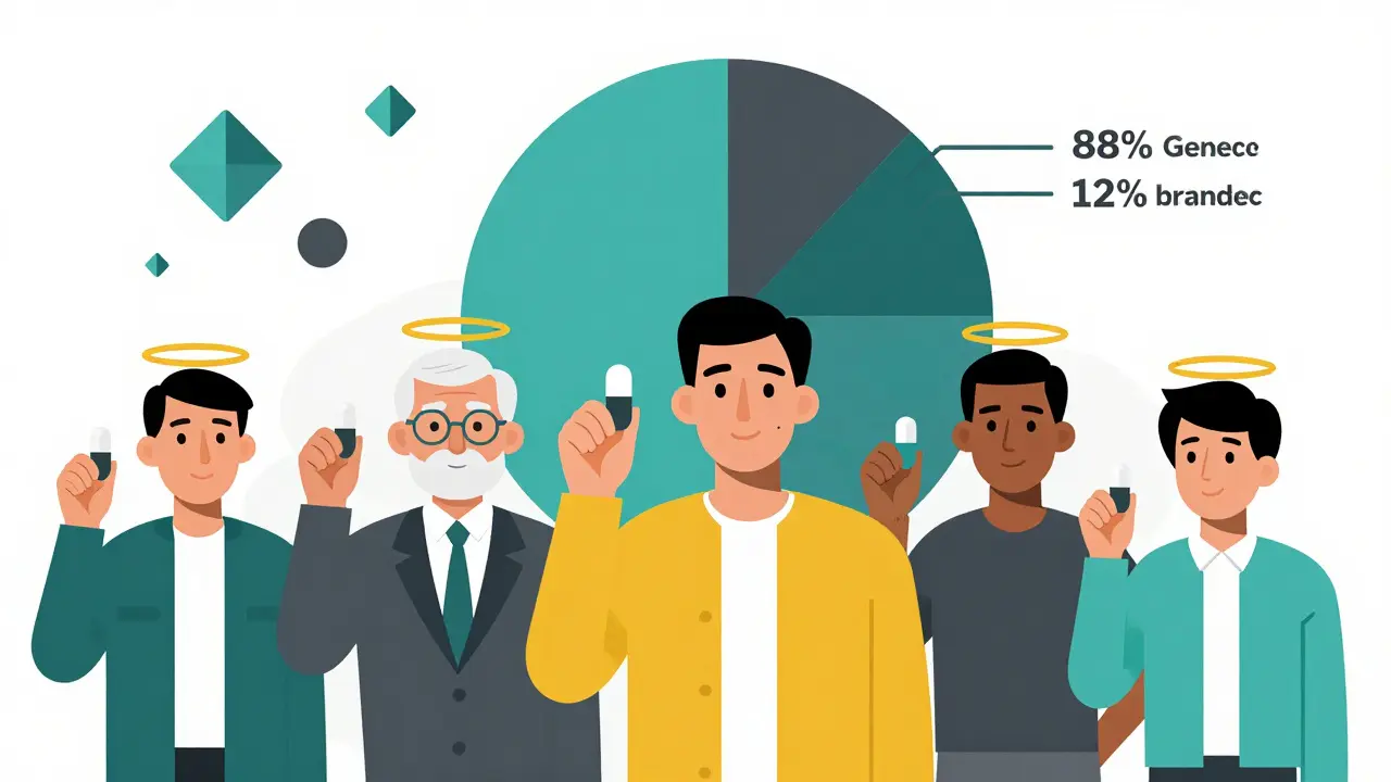 Diverse people hold generic pills with savings halos, behind a pie chart of drug spending.