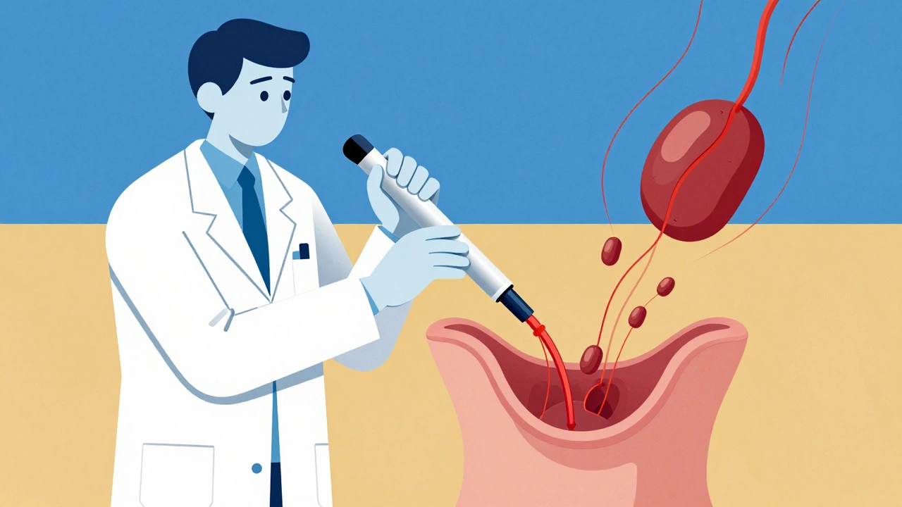 Doctor using a sleek endoscope to place rubber bands on esophageal varices in abstract medical setting.