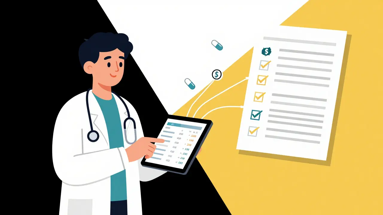 Doctor using tablet to display real-time prescription prices for a patient.