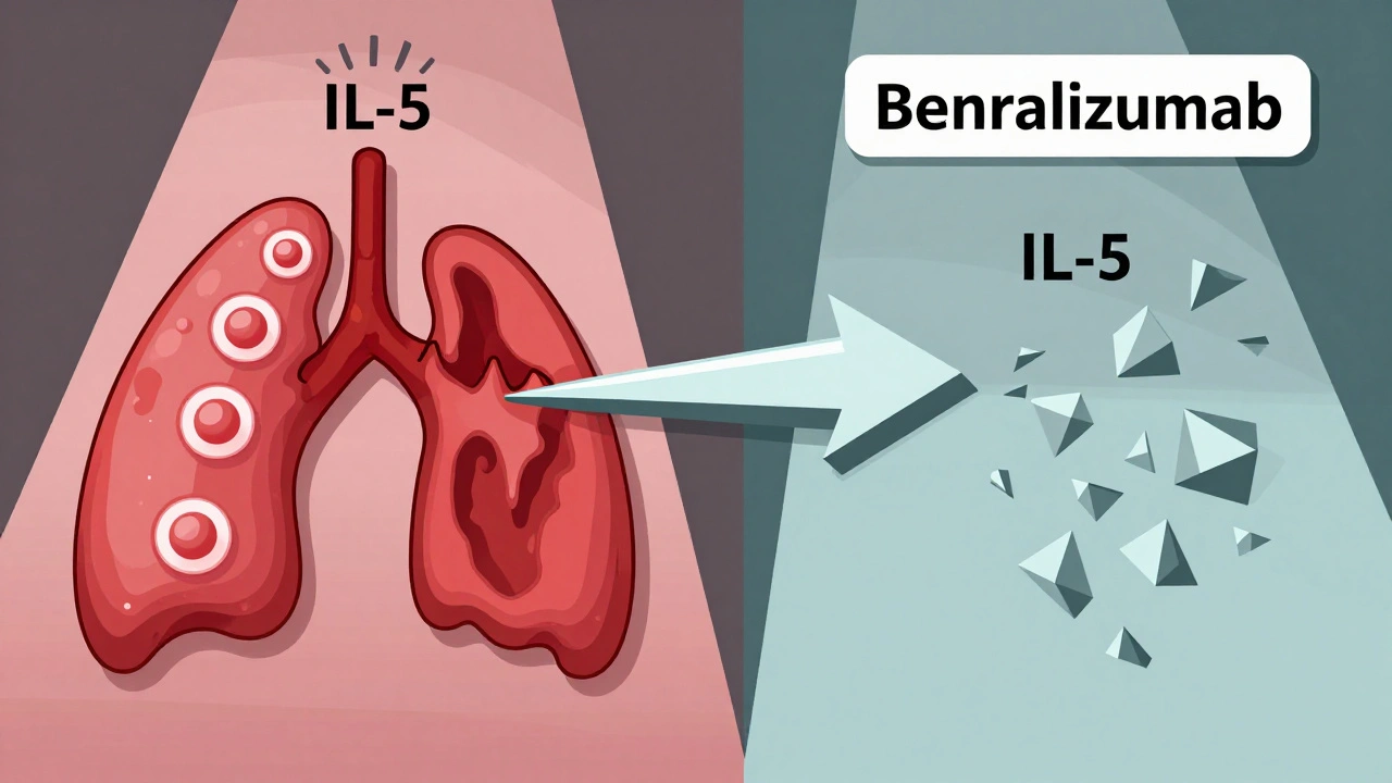Eosinophils swell airways until a geometric arrow destroys their IL-5 signal, reducing inflammation.