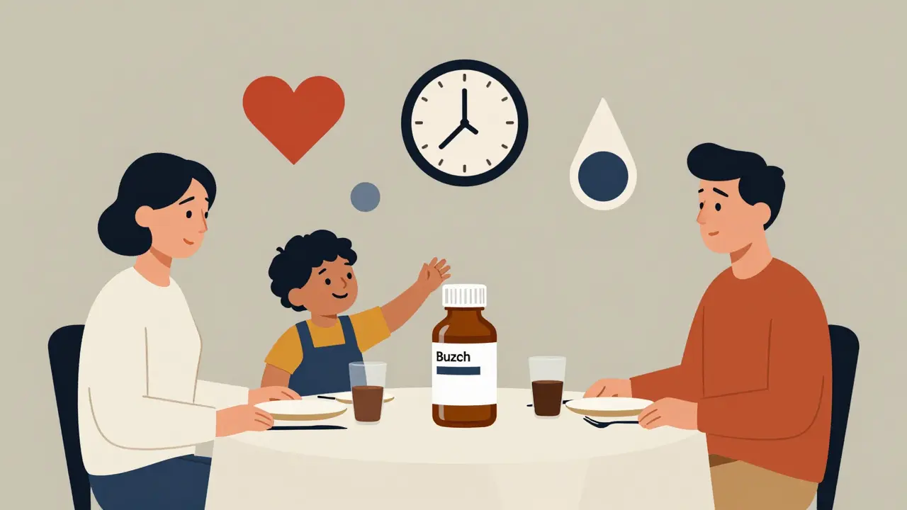 Family at dinner, child smiling as they reach for a flavored medicine bottle.