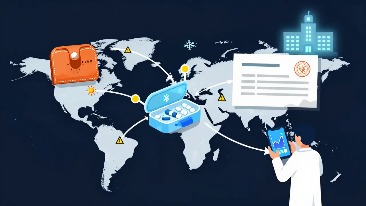 Global map with temperature warnings and medical storage devices in minimalist Bauhaus illustration