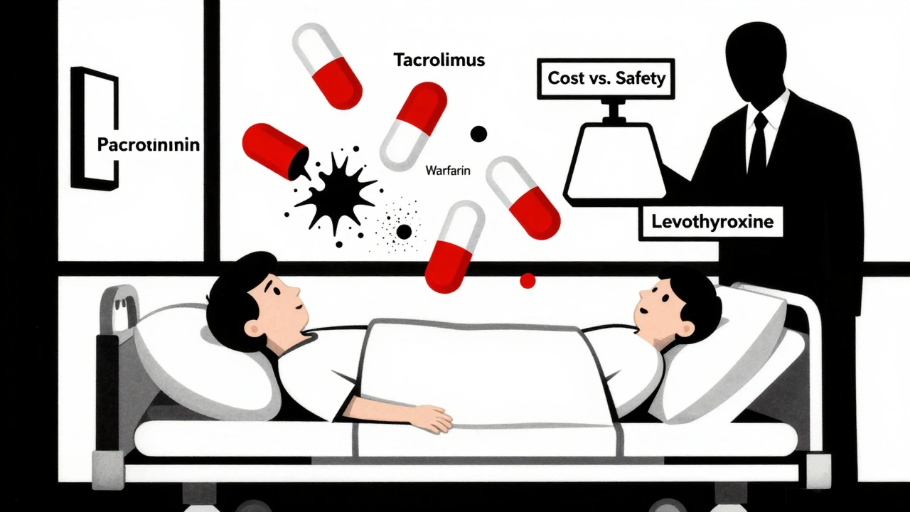 Hospital patient surrounded by dissolving medication pills, corporate figure watching outside.