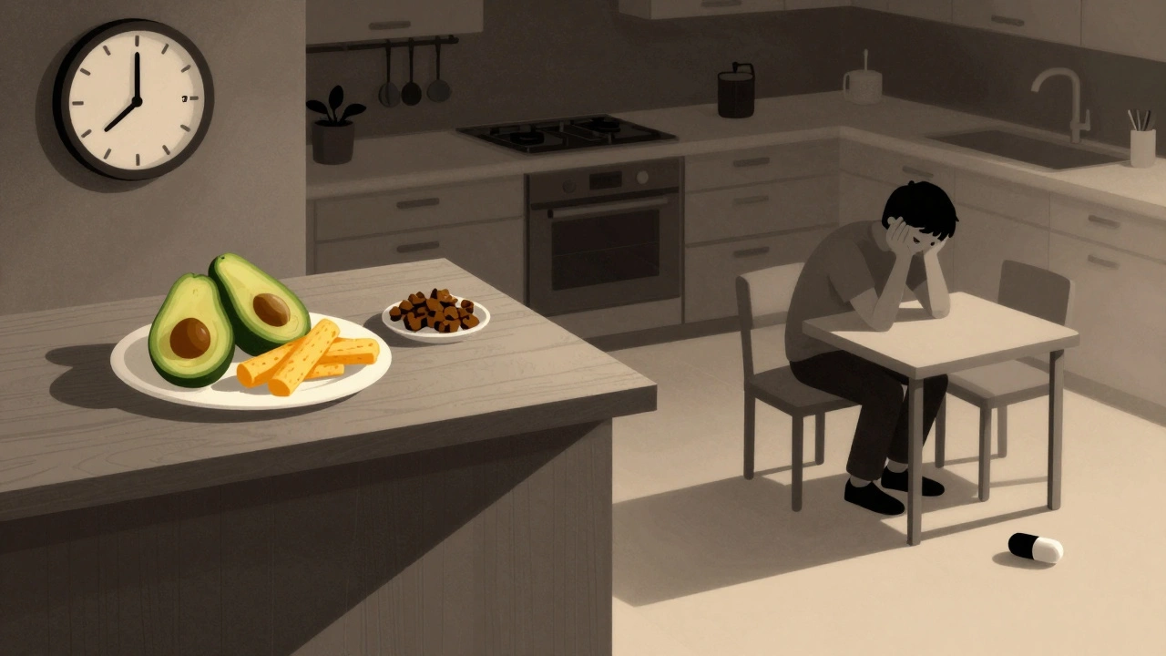 Kitchen scene with nutrient-rich snacks and teen slumped at table at dusk
