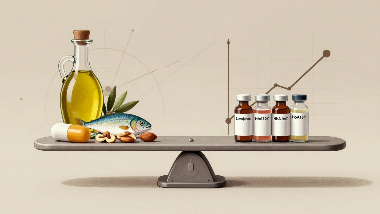 Medical scale balanced between thyroid treatment and diabetes management elements.