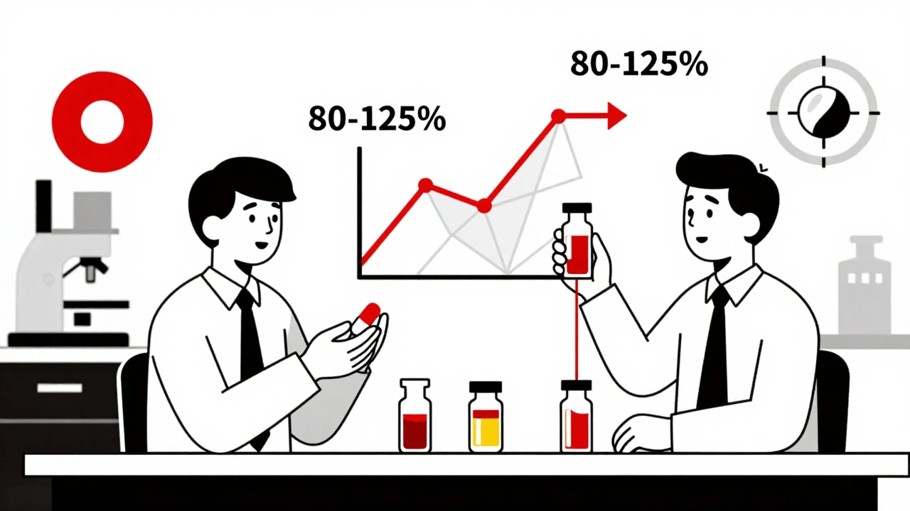 Minimalist clinical trial scene with figures and data graphs in Bauhaus design.