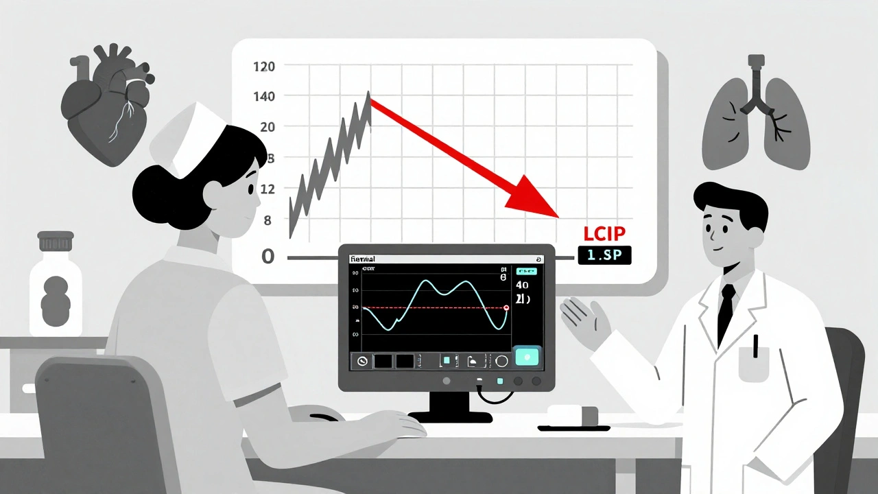 NICU nurse and pharmacist using digital dosing model with geometric drug concentration curves on a grid background.
