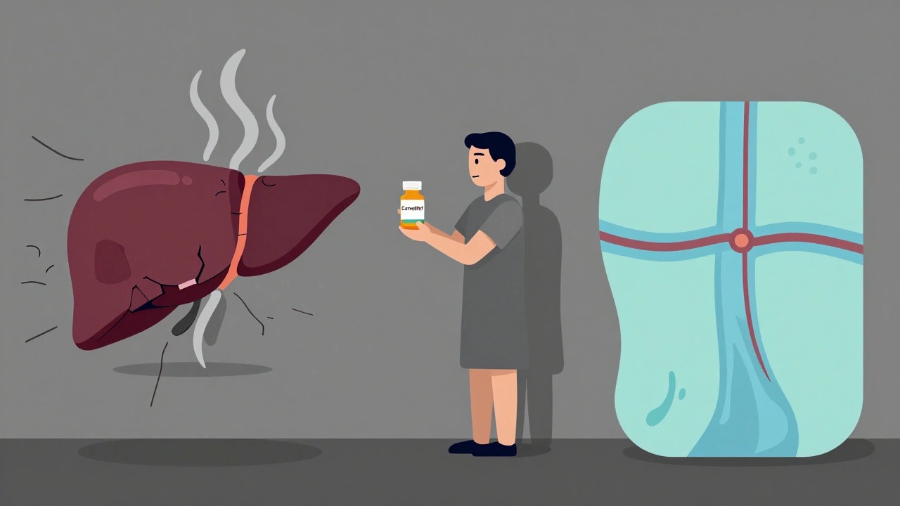 Patient holding beta-blocker pill, standing between a damaged liver and calm blood flow, symbolizing prevention.