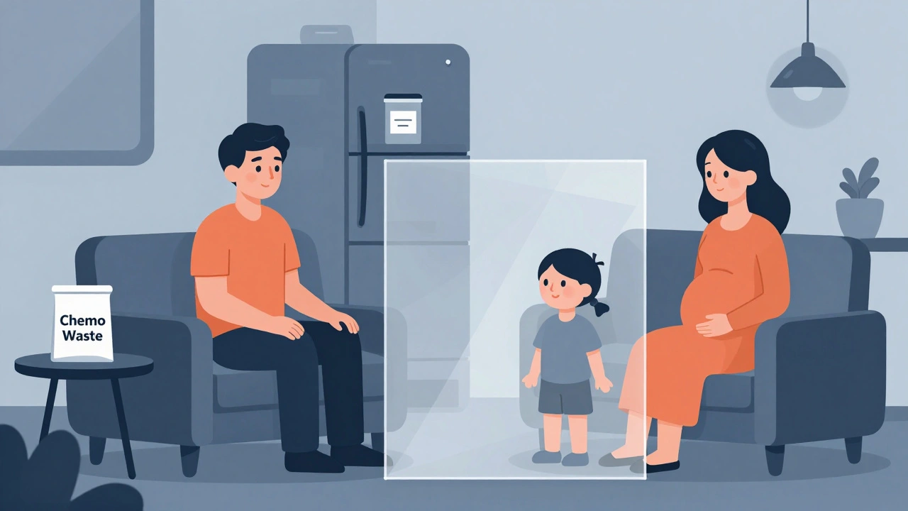 Patient maintaining distance from family members during chemo treatment, with safety supplies visible.