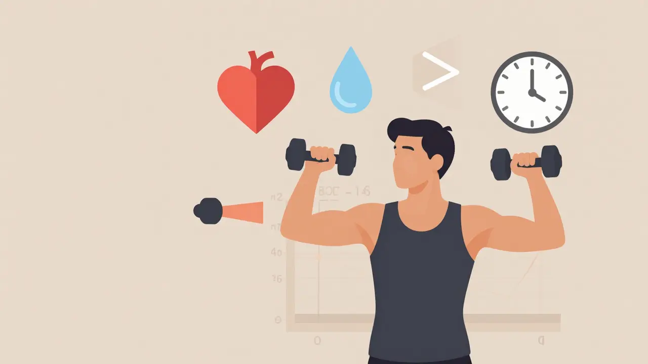 Person doing light weight training with geometric icons of heart, water, and time, representing safe exercise adaptation on beta-blockers.