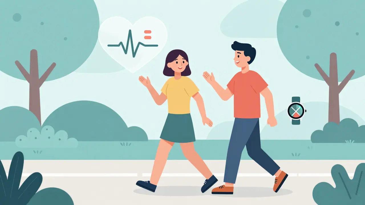 Person walking and talking with a friend, heart symbol capped at low BPM, digital watch showing disabled target zones.