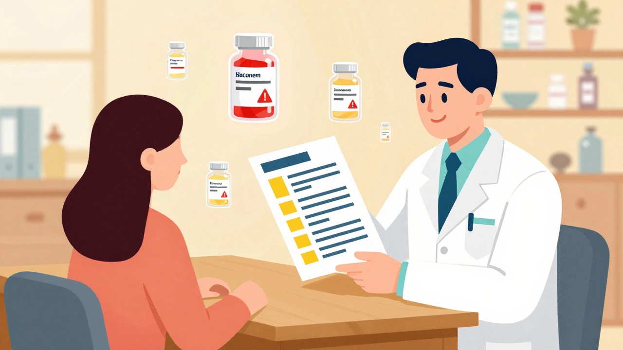 Pharmacist and patient reviewing a medication list with floating transparent pill bottles