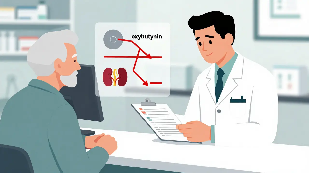 Pharmacist reviewing medication chart with senior patient, highlighting dangerous drug interactions.
